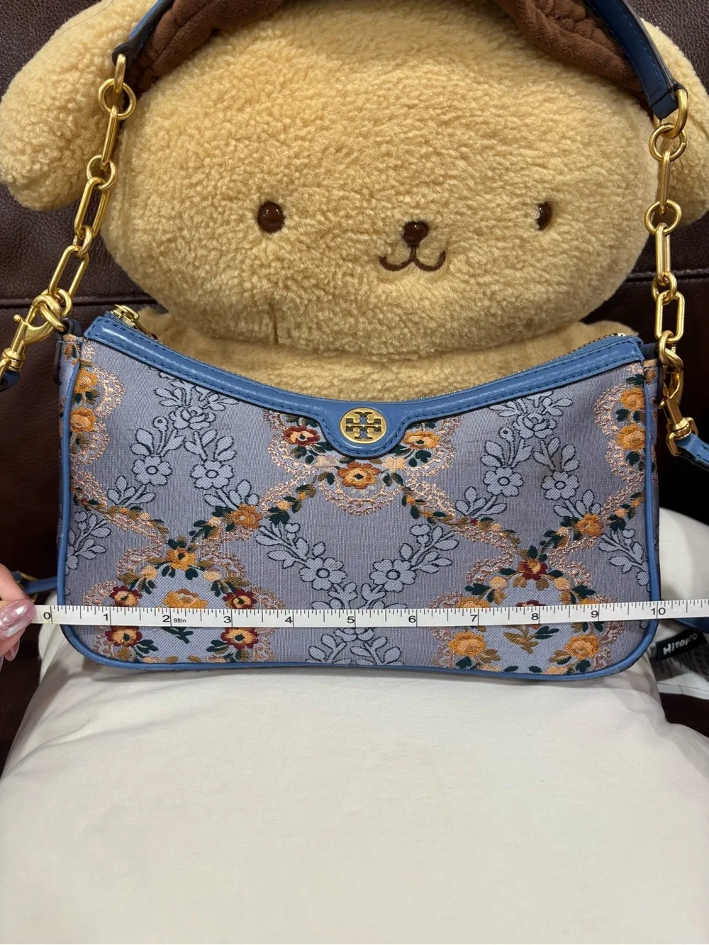 Tory Burch Blue Floral Embroidered Shoulder Bag with Gold Colored Hardware